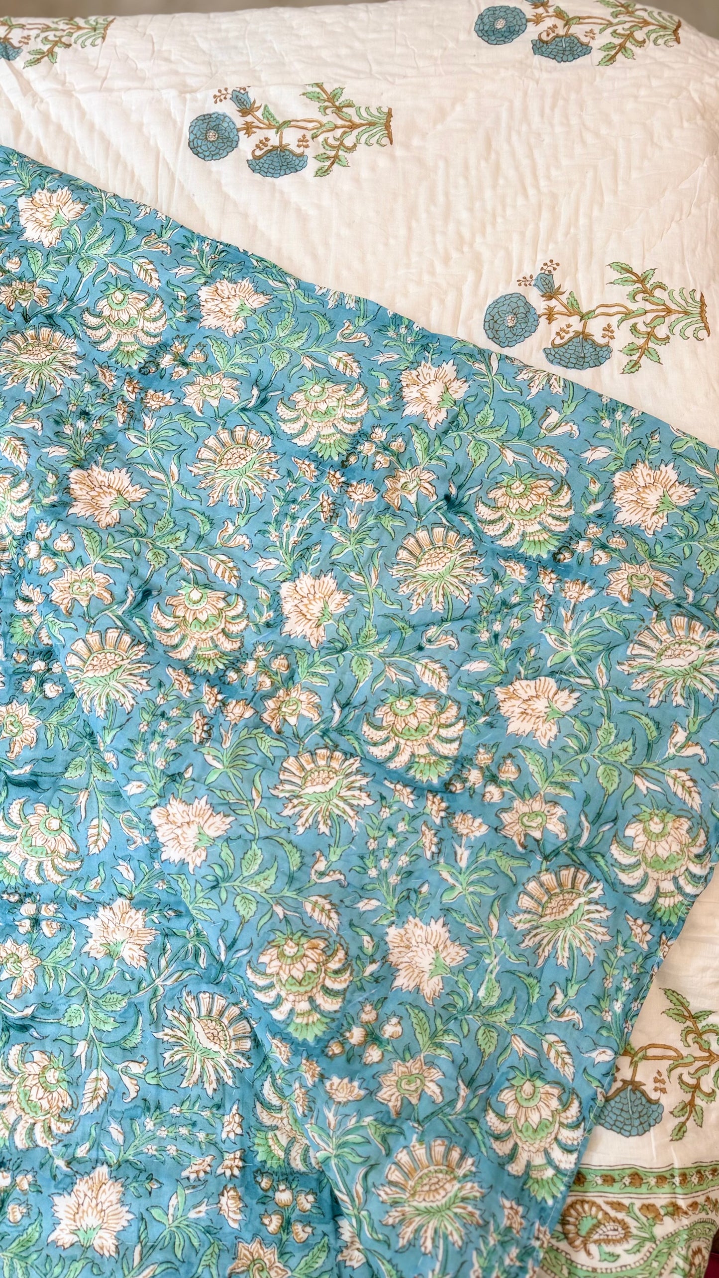 Blue Mughal Garden Mul Mul Cotton Handblock Printed Quilt
