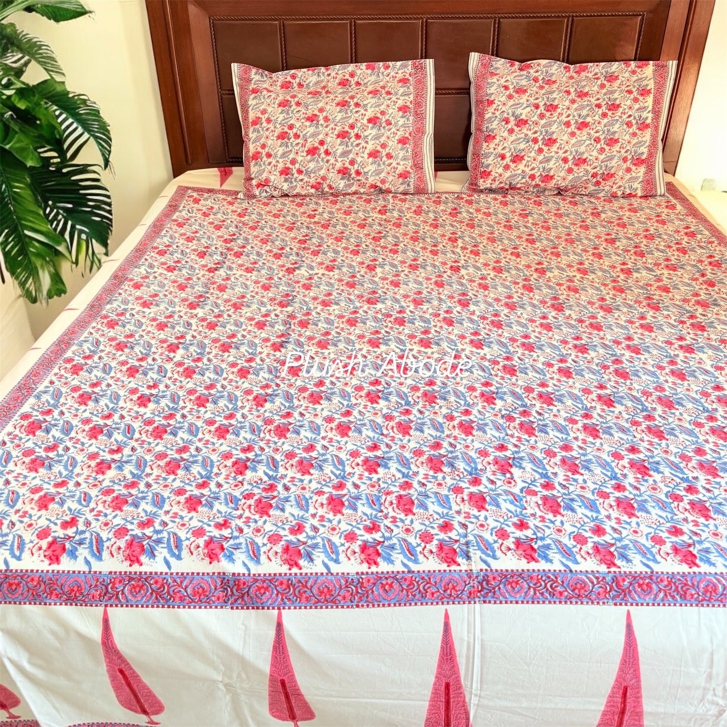 Red Blossom Garden Handblock Printed Cotton Bedsheet