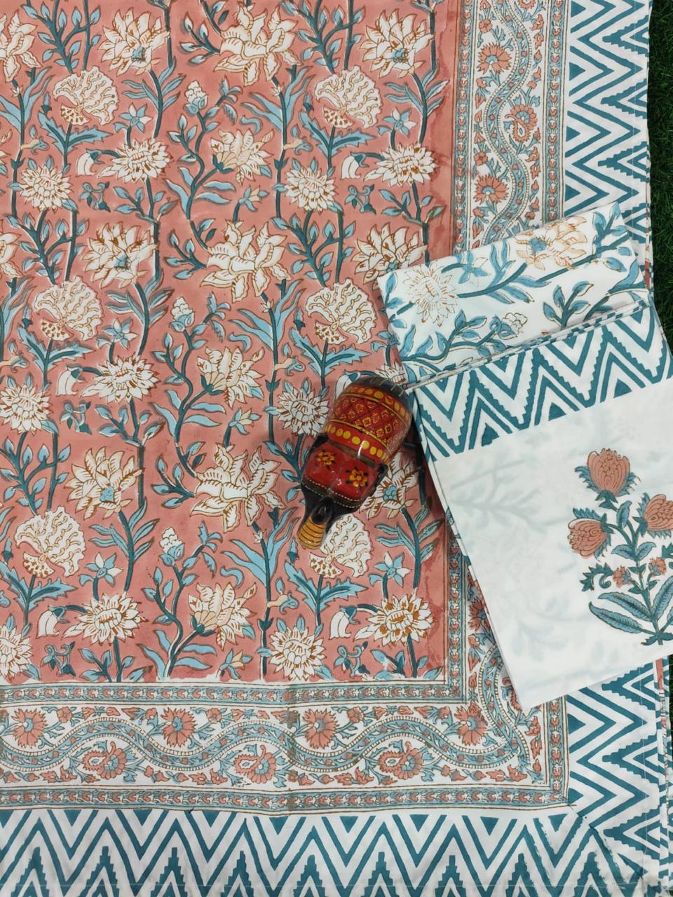 Blush Heritage Garden Handblock Printed Cotton Bedsheet
