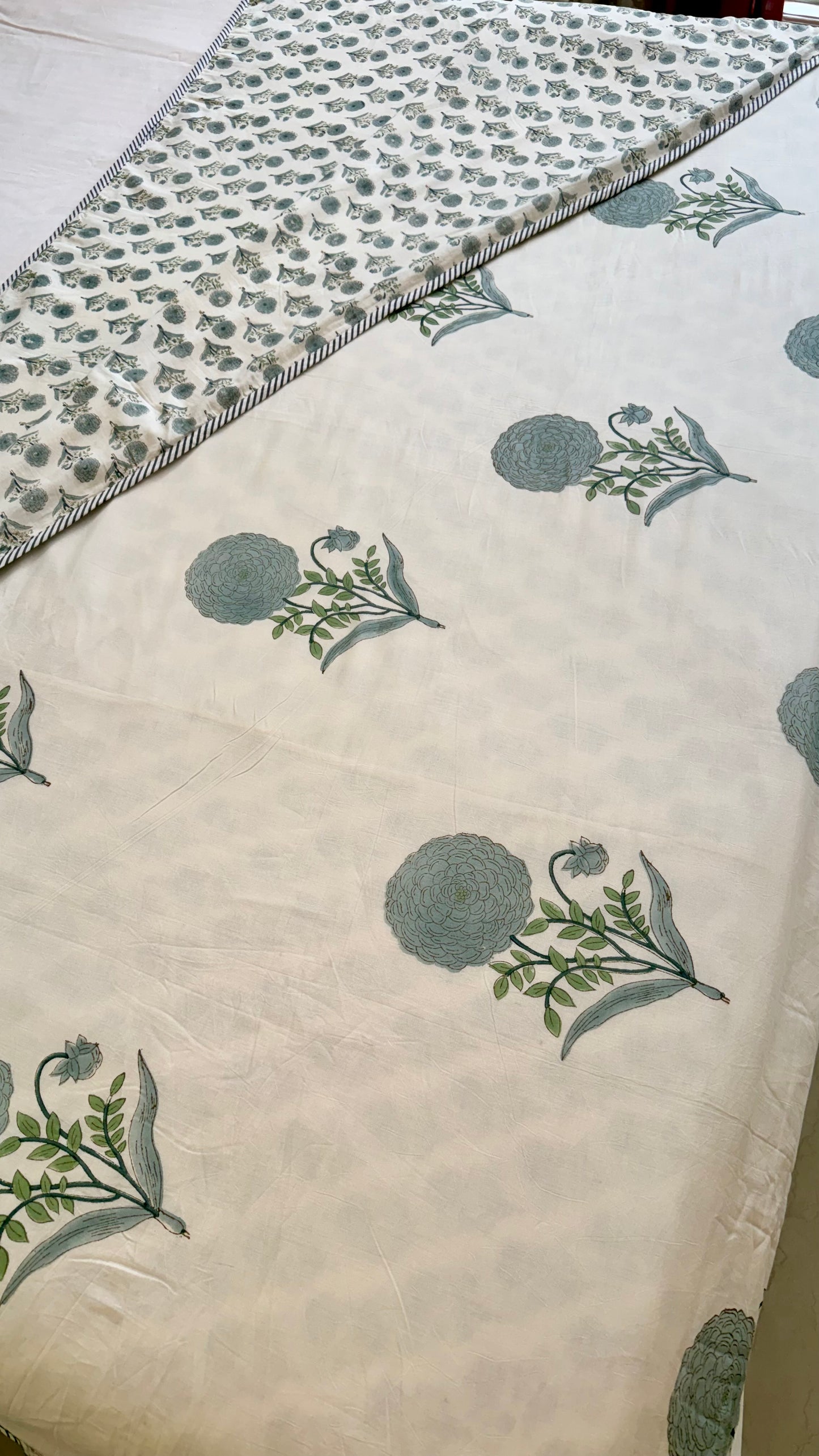 Mint Chrysanthemum Mul Mul Cotton Handblock Printed Dohar