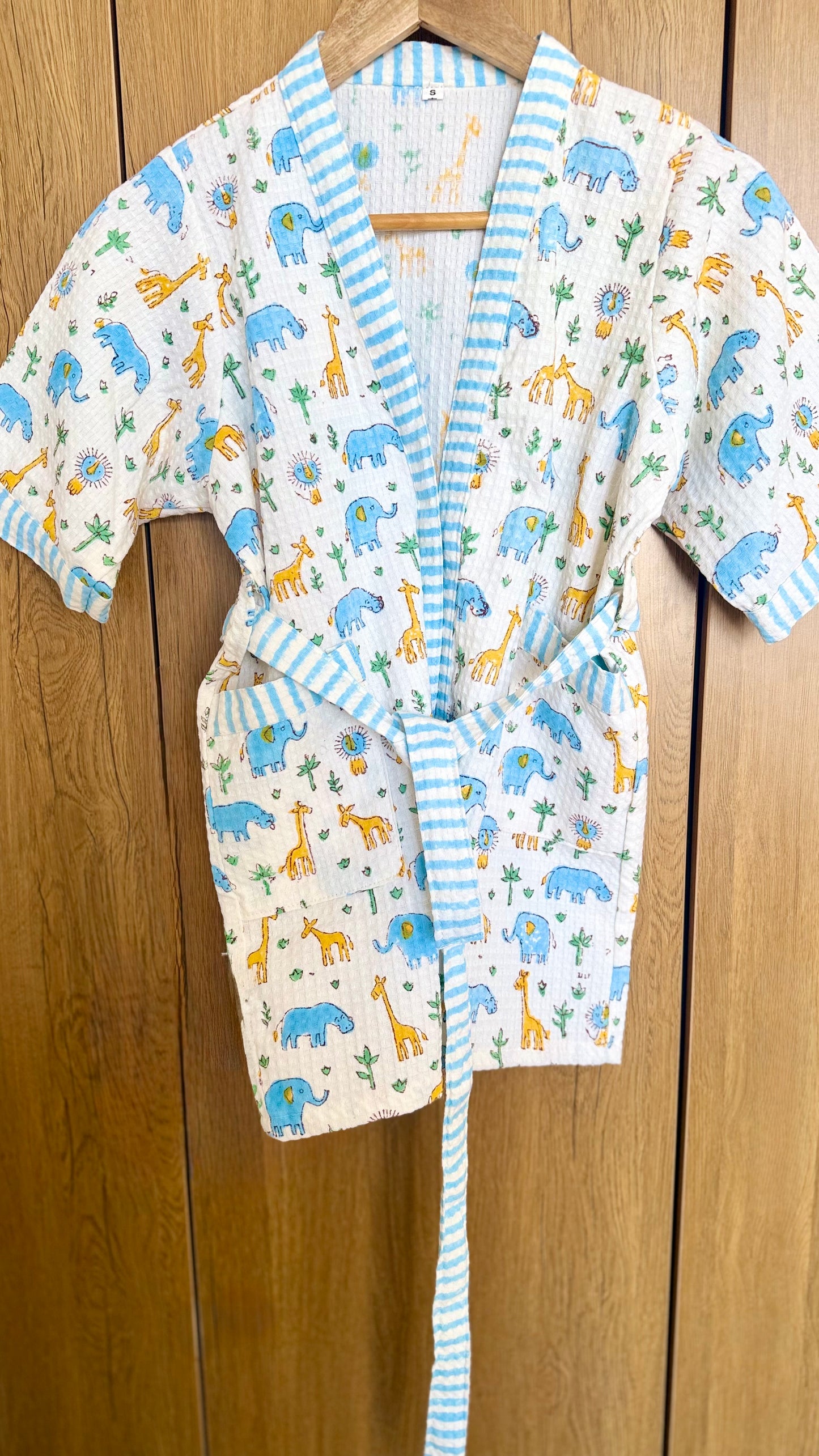 Kids Bathrobe Blue Yellow Giraffe & Elephant Design
