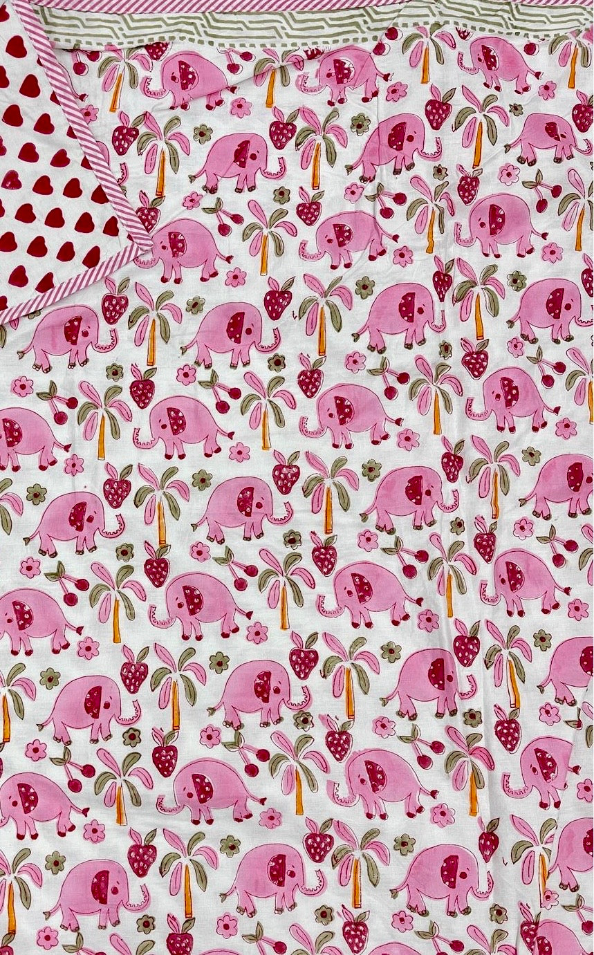 Pink elephant Handblock Print Mul Mul Cotton Dohar