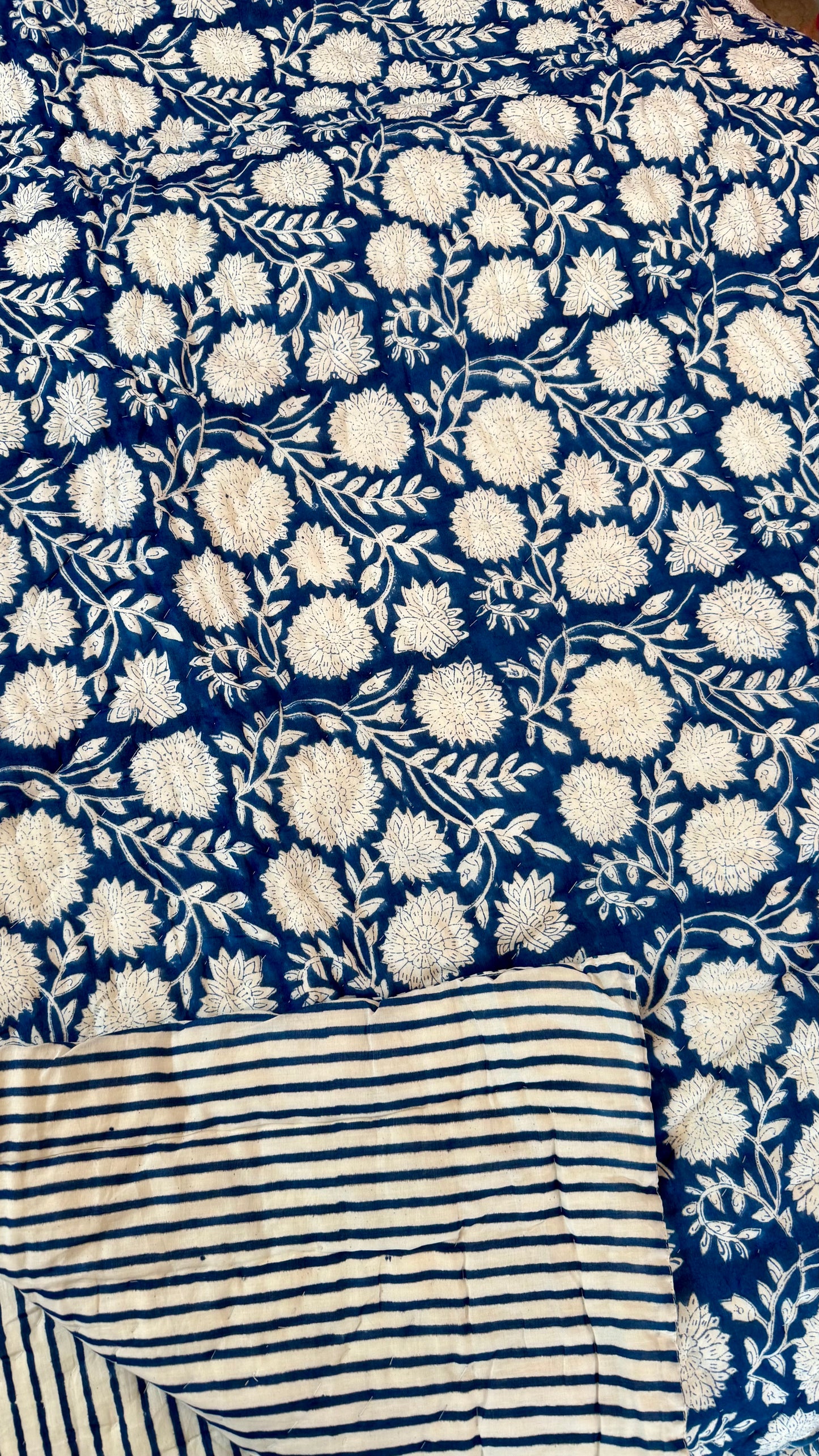 Midnight Indigo Flora Mul Mul Cotton Handblock Printed Quilt