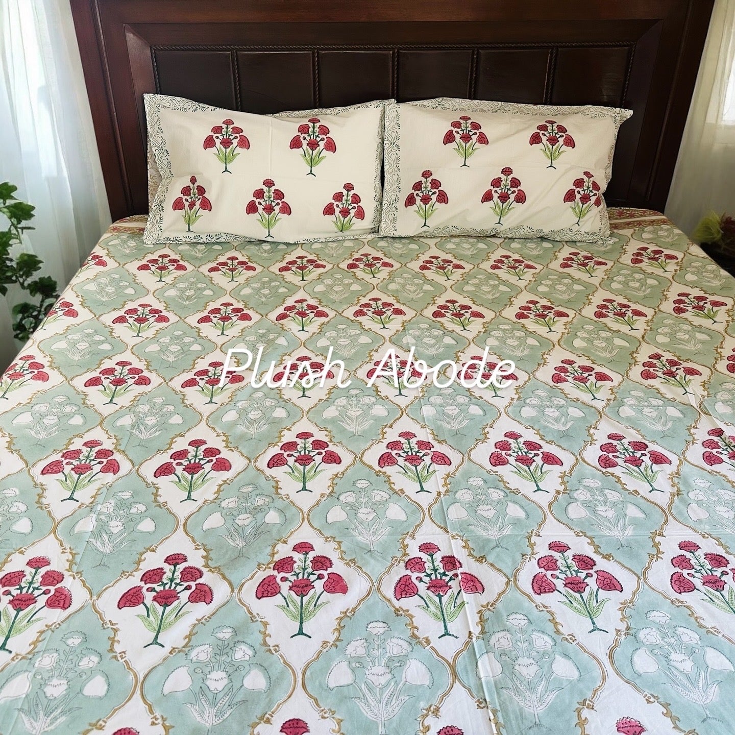 Green Mughal Floral Jaal Handblock Printed Cotton Bedsheet
