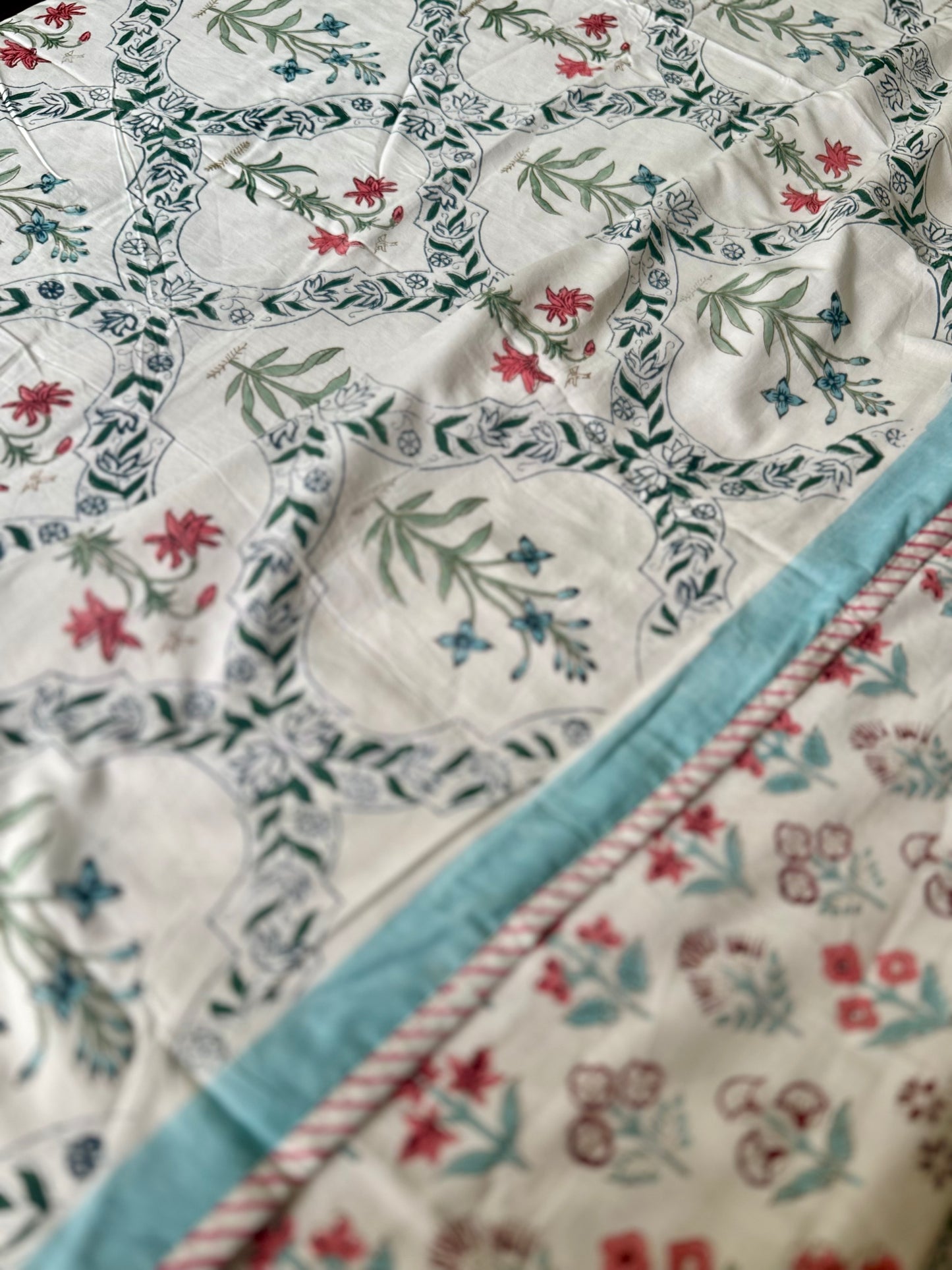 Imperial Lotus Trellis Handblock Print Mul Mul cotton Dohar