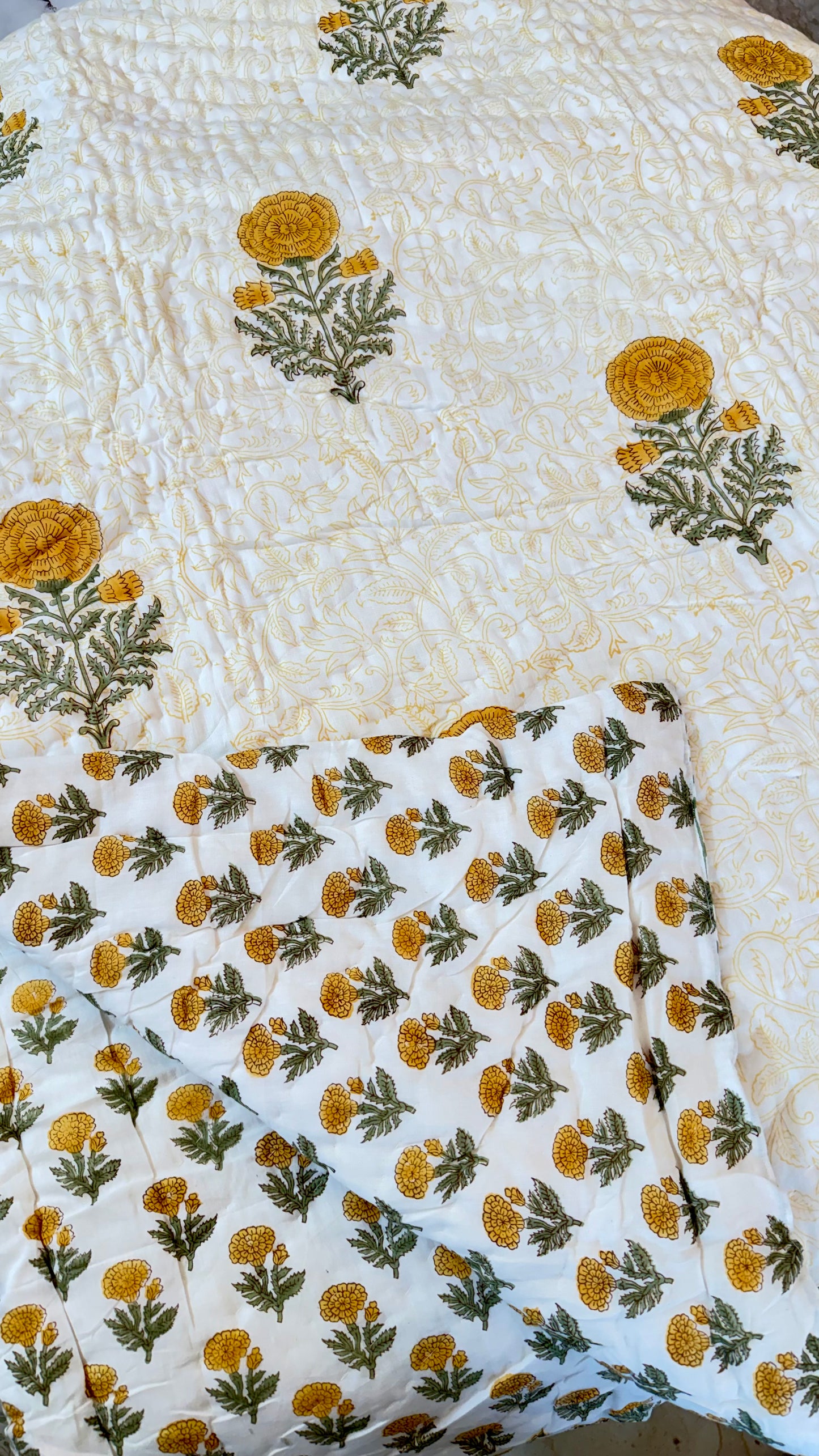 Sunlit Marigold Mul Mul Cotton Handblock Printed Quilt