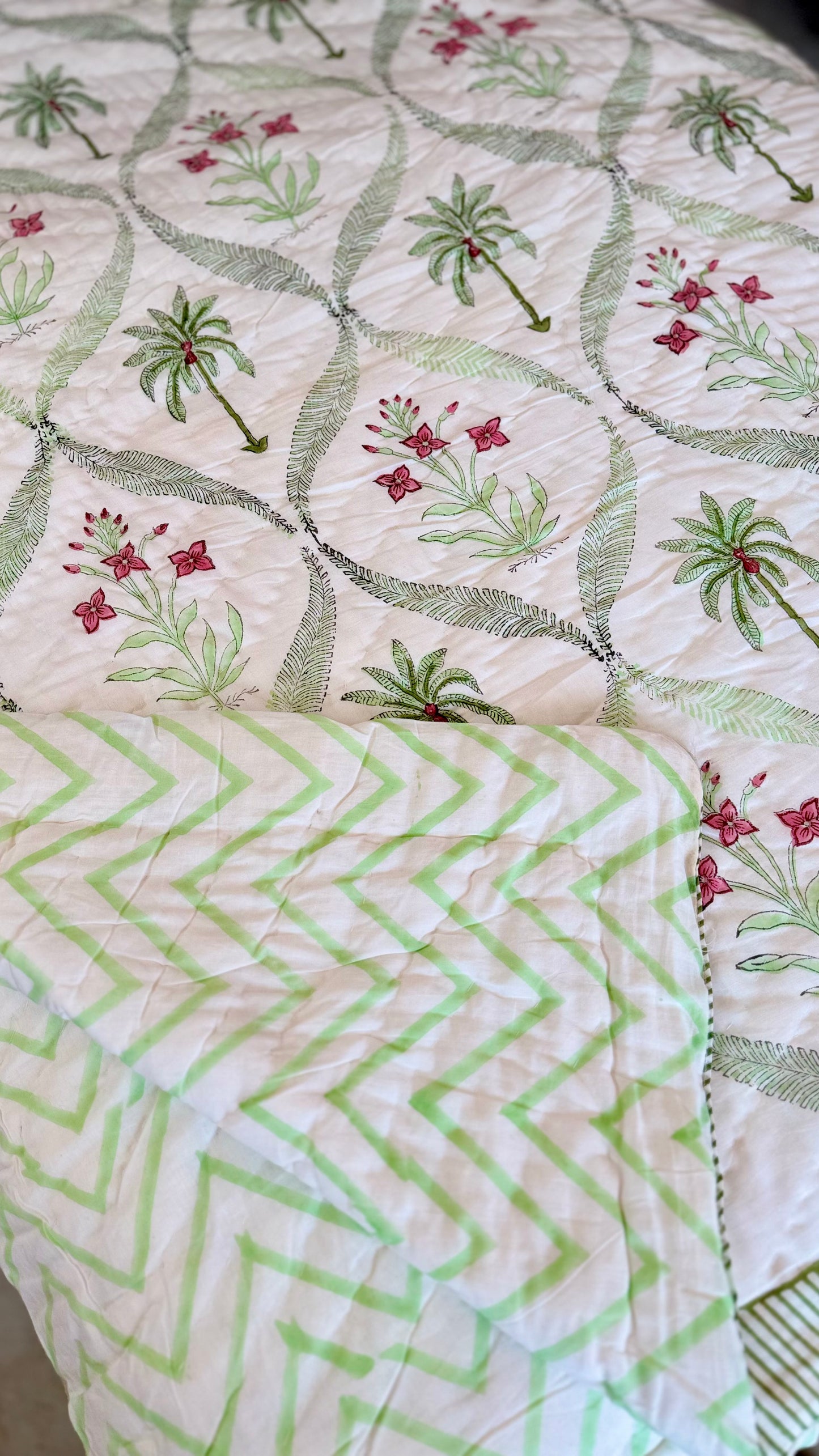 Tropical Palm Grove Mul Mul Cotton Handblock Printed Quilt