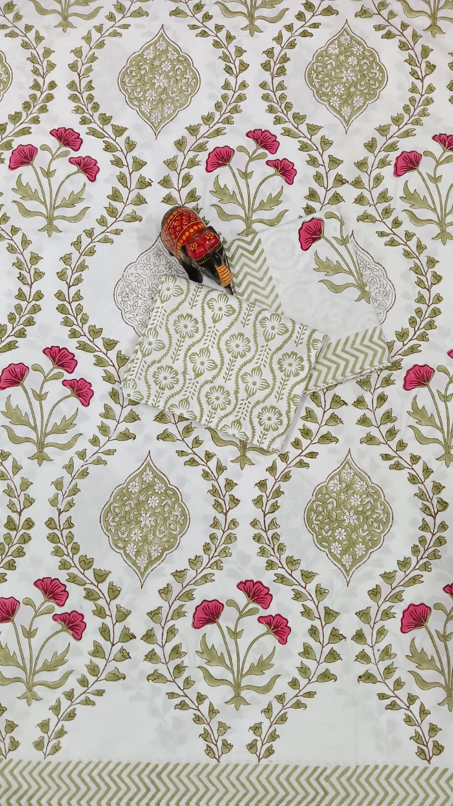 Green Floral Jaal Handblock Printed Cotton Bedsheet