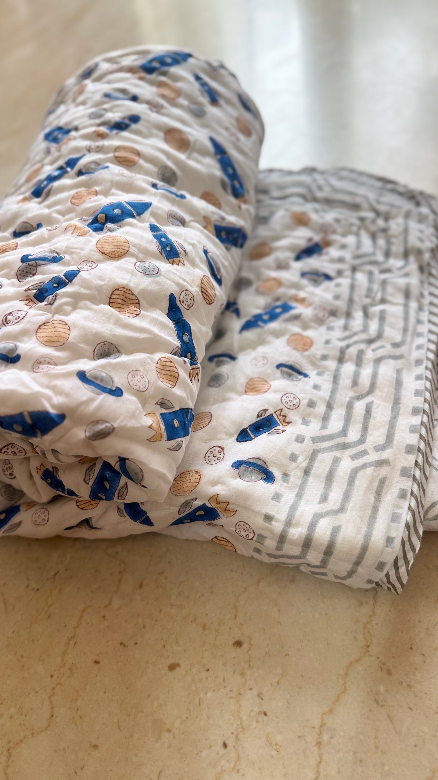 Space Explorer Handblock Print Mul Mul Cotton Quilt