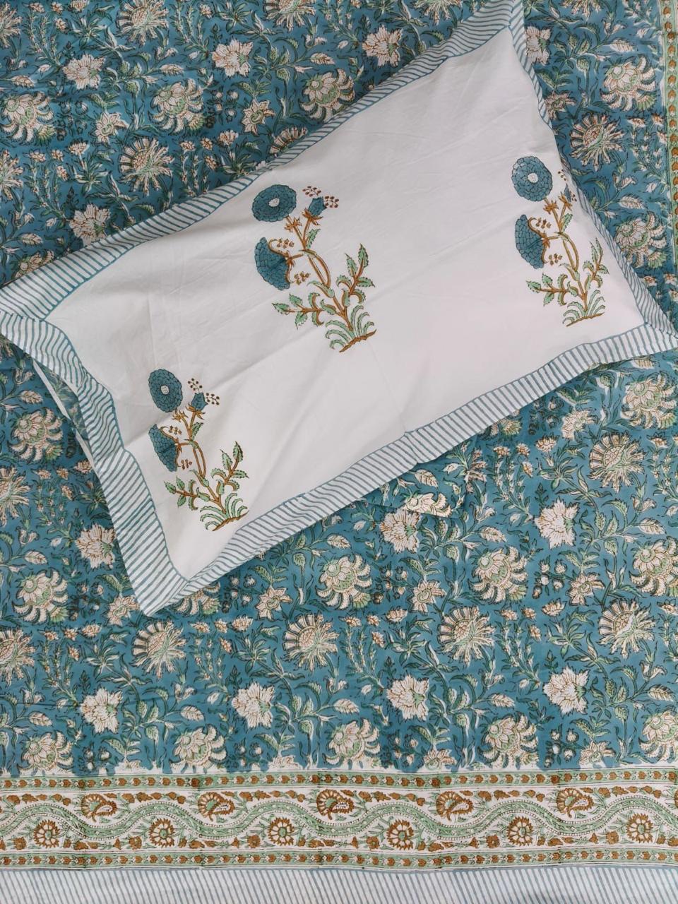 Royal Azure Garden Handblock Printed Cotton Bedsheet
