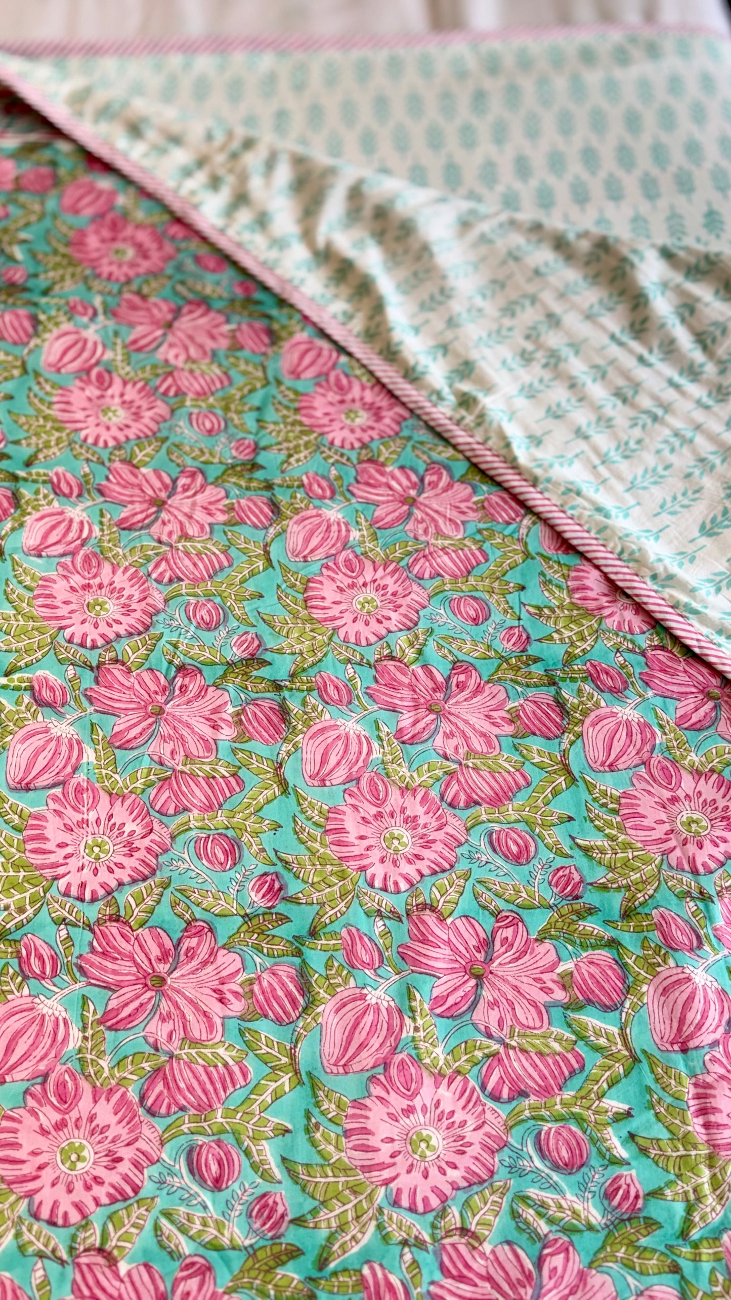 Pink Flora Handblock Print Mul Mul Cotton Dohar