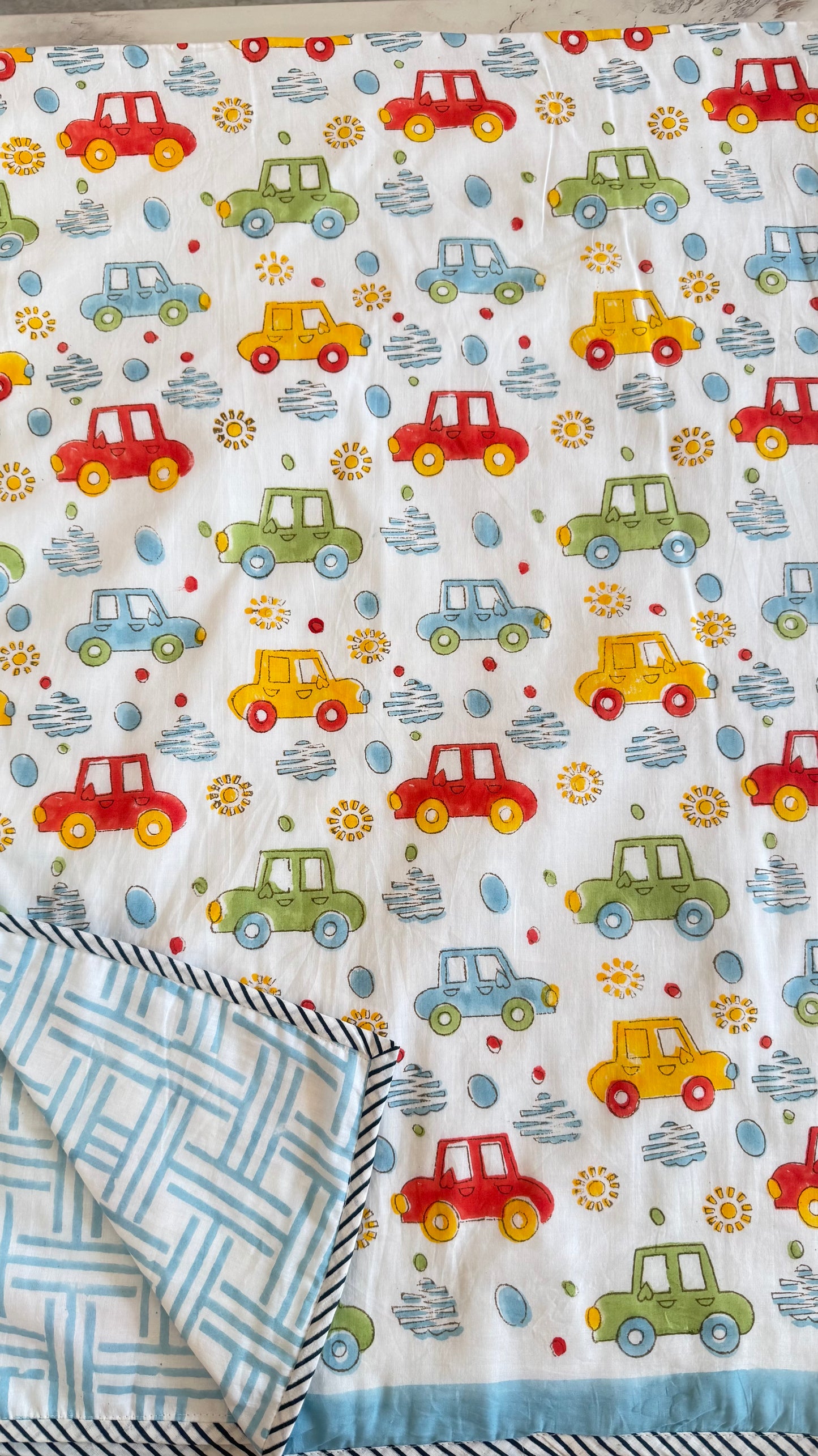 Tiny wheels wonderland– Handblock Print Mul Mul Cotton Dohar