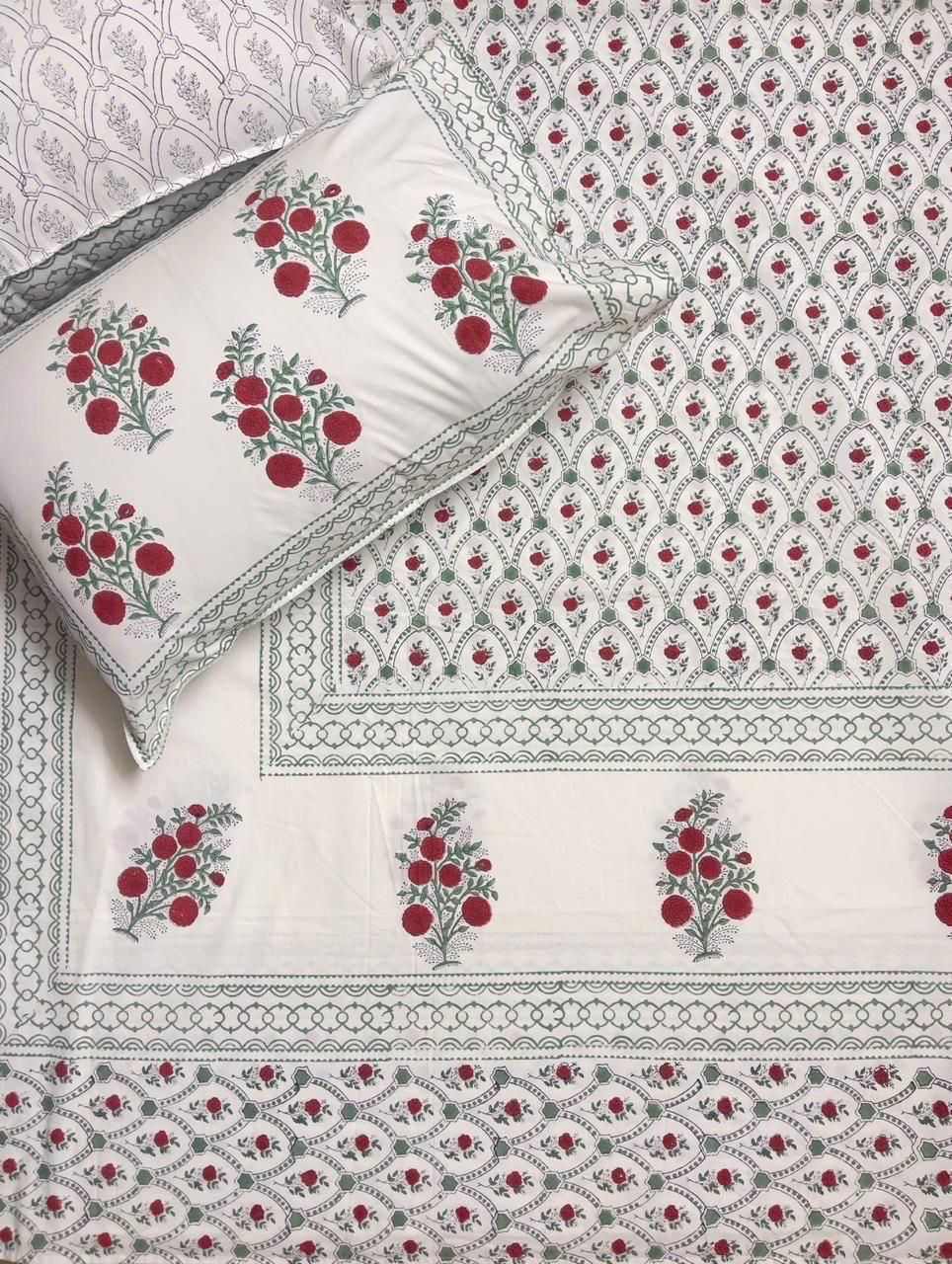 Crimson Mughal Bloom Handblock printed Cotton Bedsheet