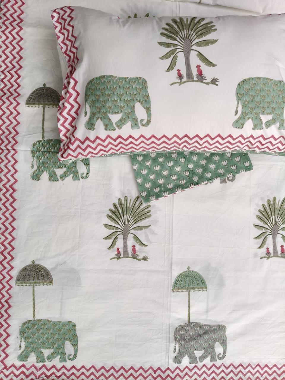Royal Elephant Garden Handblock Printed Cotton Bedsheet