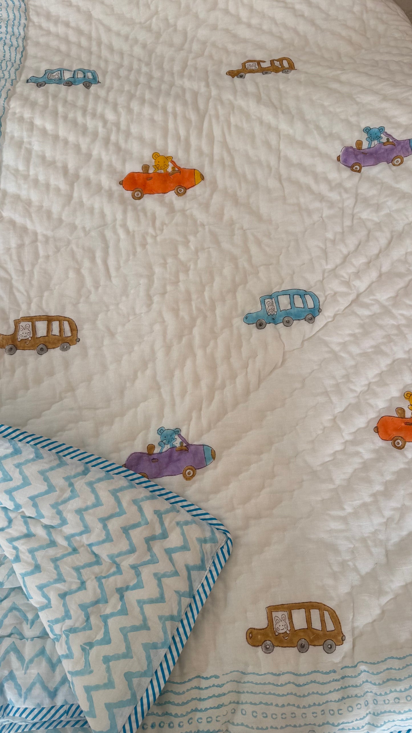 Road Buddies- Handblock Print Mul Mul cotton Quilt