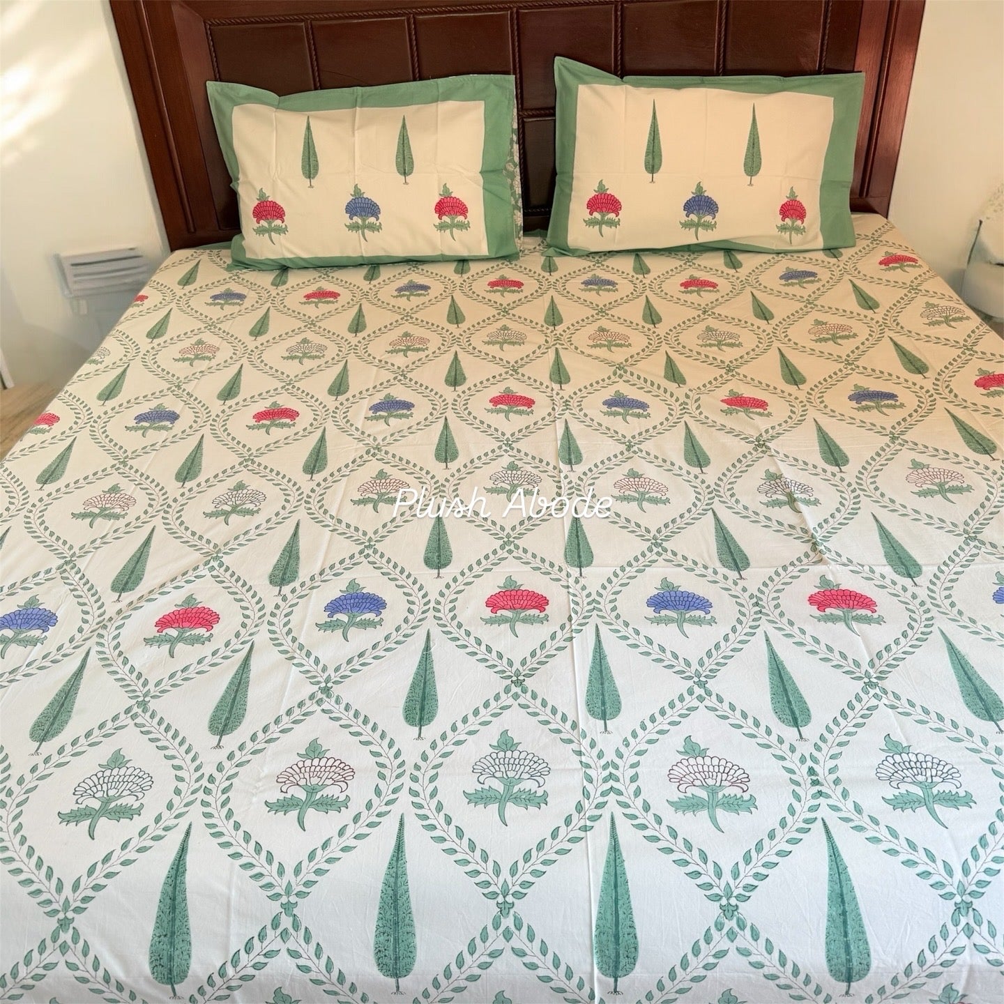 Green Trellis Garden Handblock Printed Cotton Bedsheet