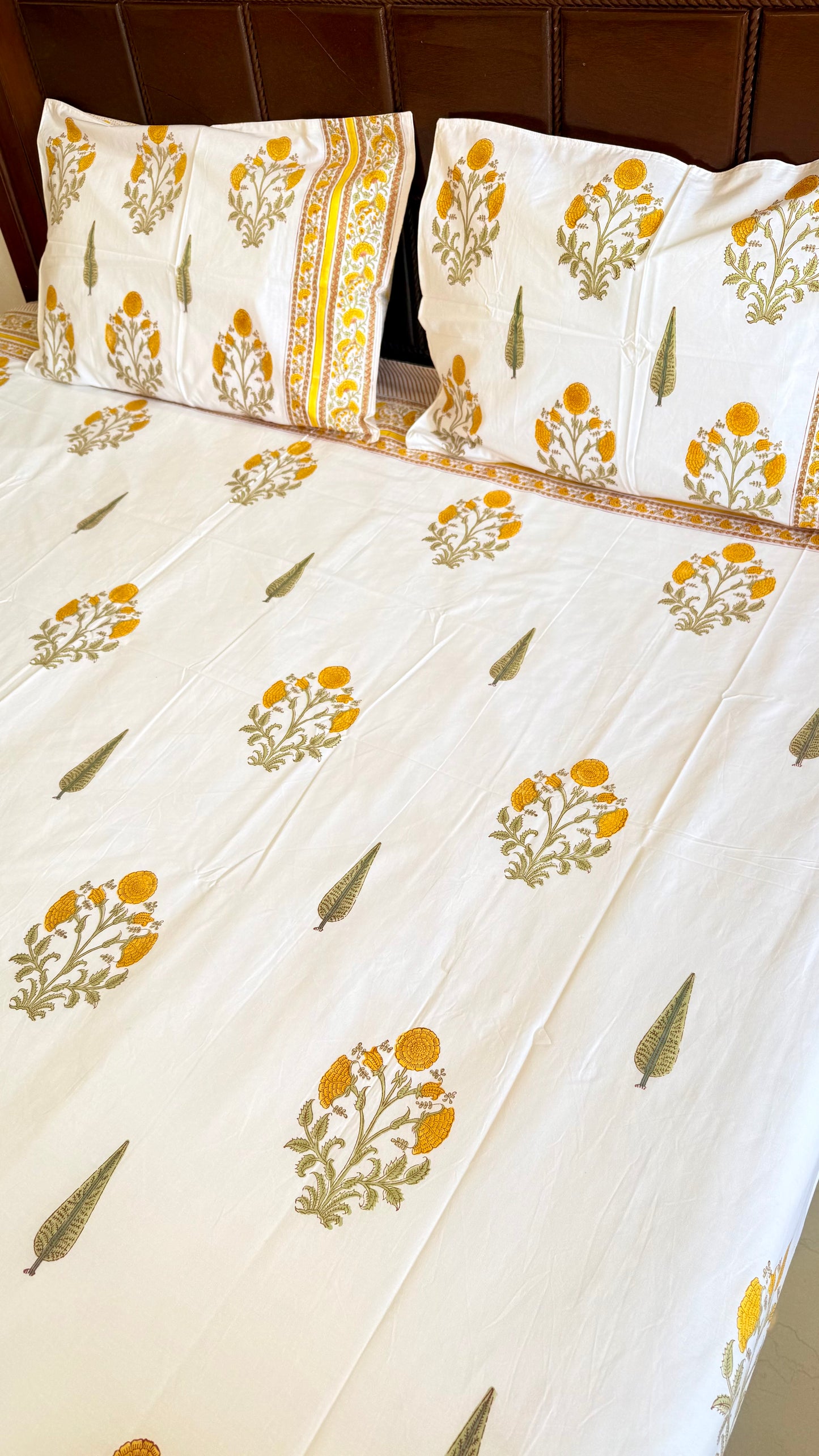 Yellow Bloom Handblock Printed Cotton Bedsheet