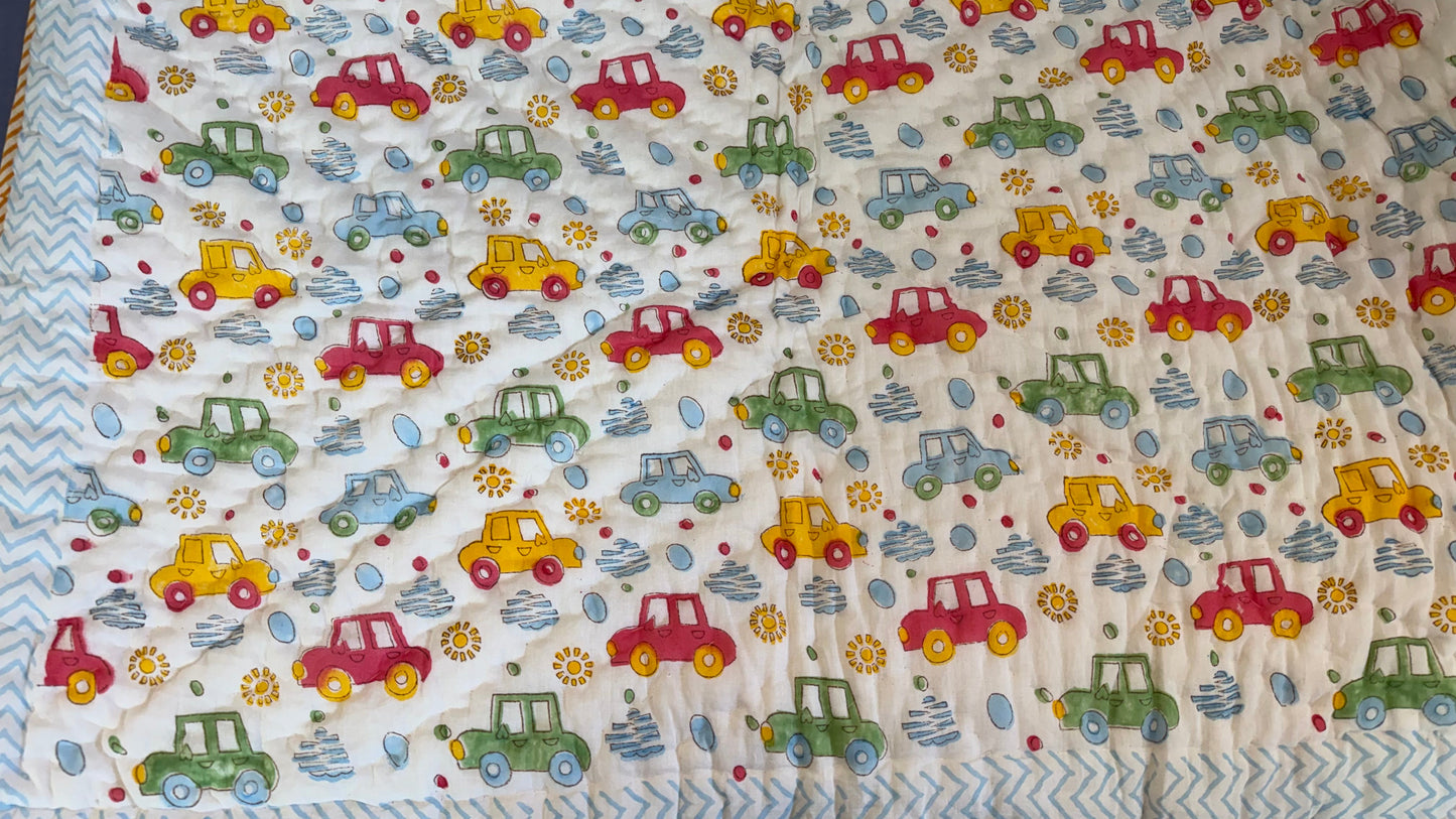 Tiny Wheels Wonderland – Handblock Print Mul Mul Cotton Quilt