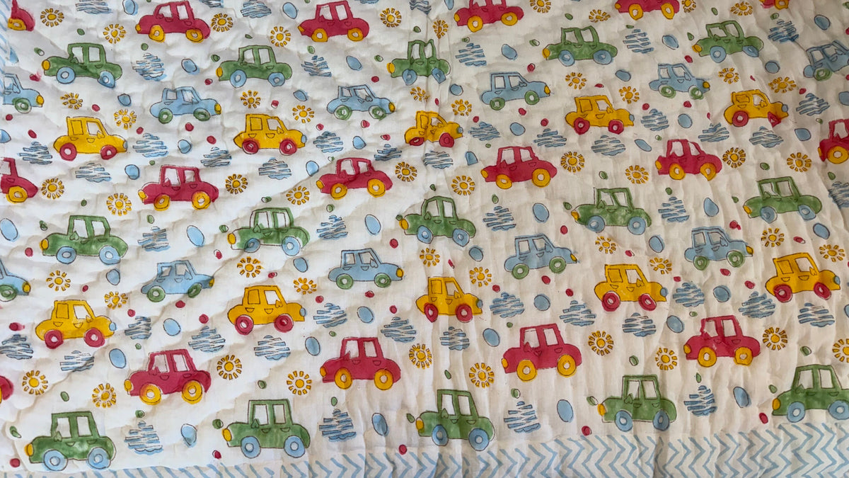 Tiny Wheels Wonderland – Handblock Print Mul Mul Cotton Quilt
