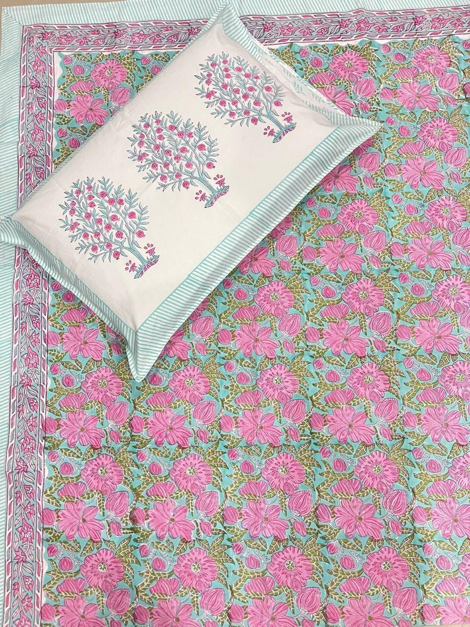 Blush Garden Bloom Handblock printed Cotton Bedsheet