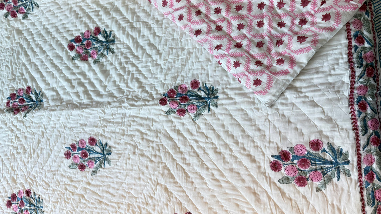 Rosebud Mul Mul Cotton Handblock Printed Quilt