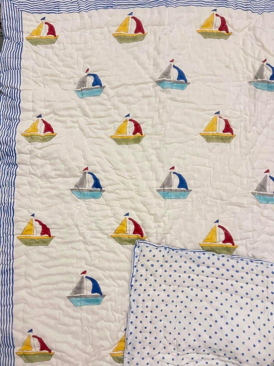 Sailboat Dreams Handblock Print Mul Mul Cotton Quilt