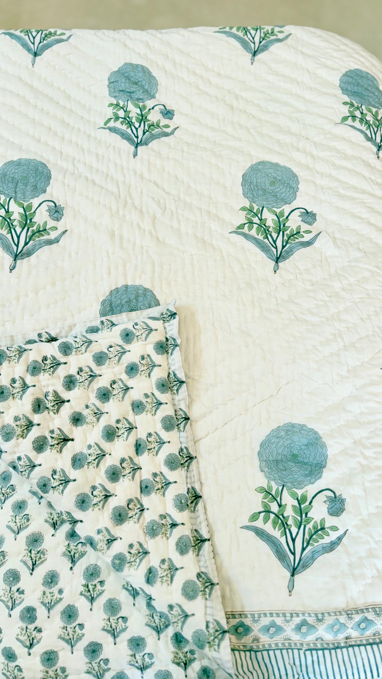 Mint Chrysanthemum Mul Mul Cotton Handblock Printed Quilt