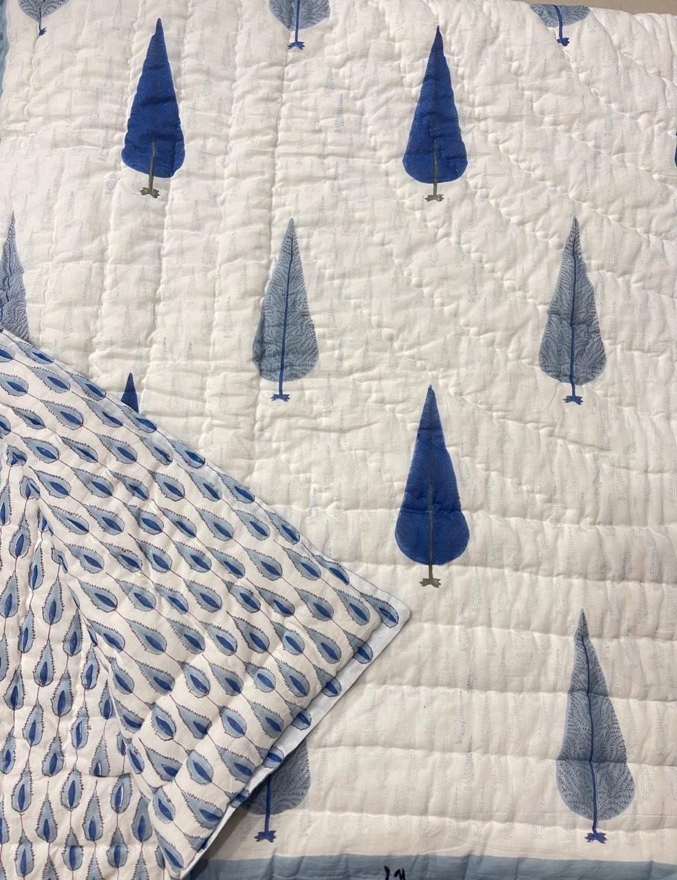 Blue Whisper Mul Mul Cotton Handblock Printed Quilt