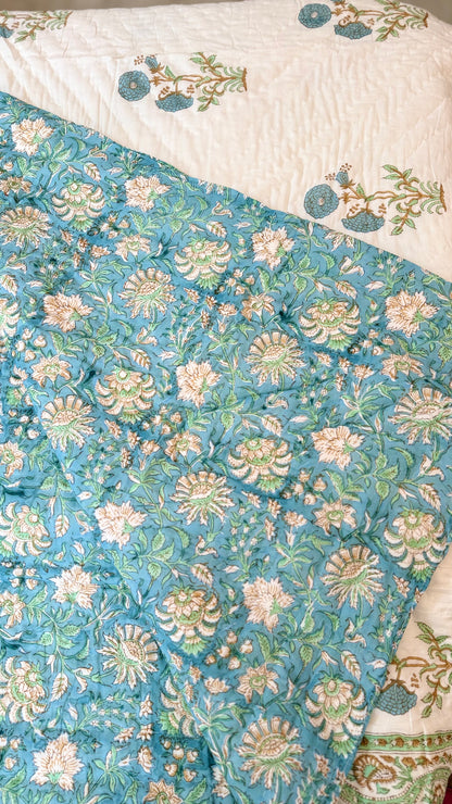 Blue Mughal Garden Mul Mul Cotton Handblock Printed Quilt