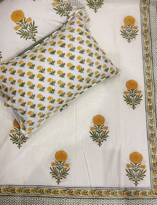 Yellow Marigold Garden Handblock printed Cotton Bedsheet