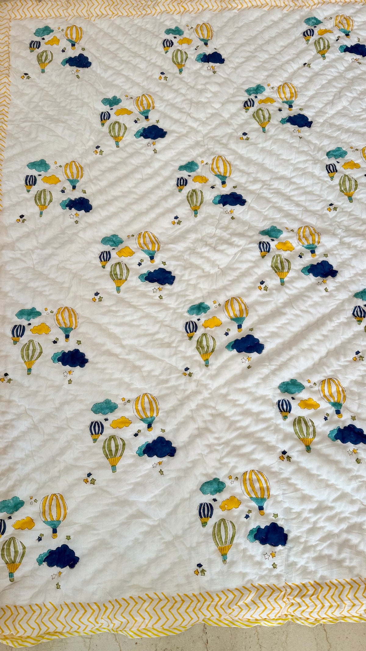 Blue Balloon Adventures- Handblock Print Mul Mul cotton Quilt