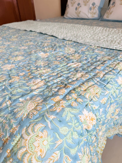 Bluebell Garden  Garden Mul Mul Cotton Handblock Printed Quilt