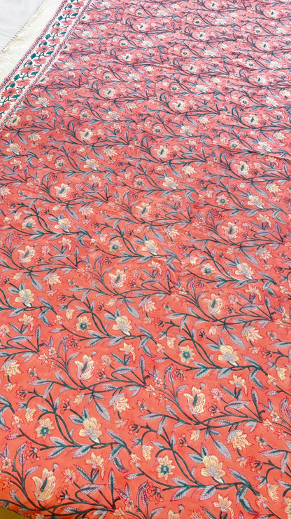 Coral Blossom Handblock Print Mul Mul Cotton Dohar