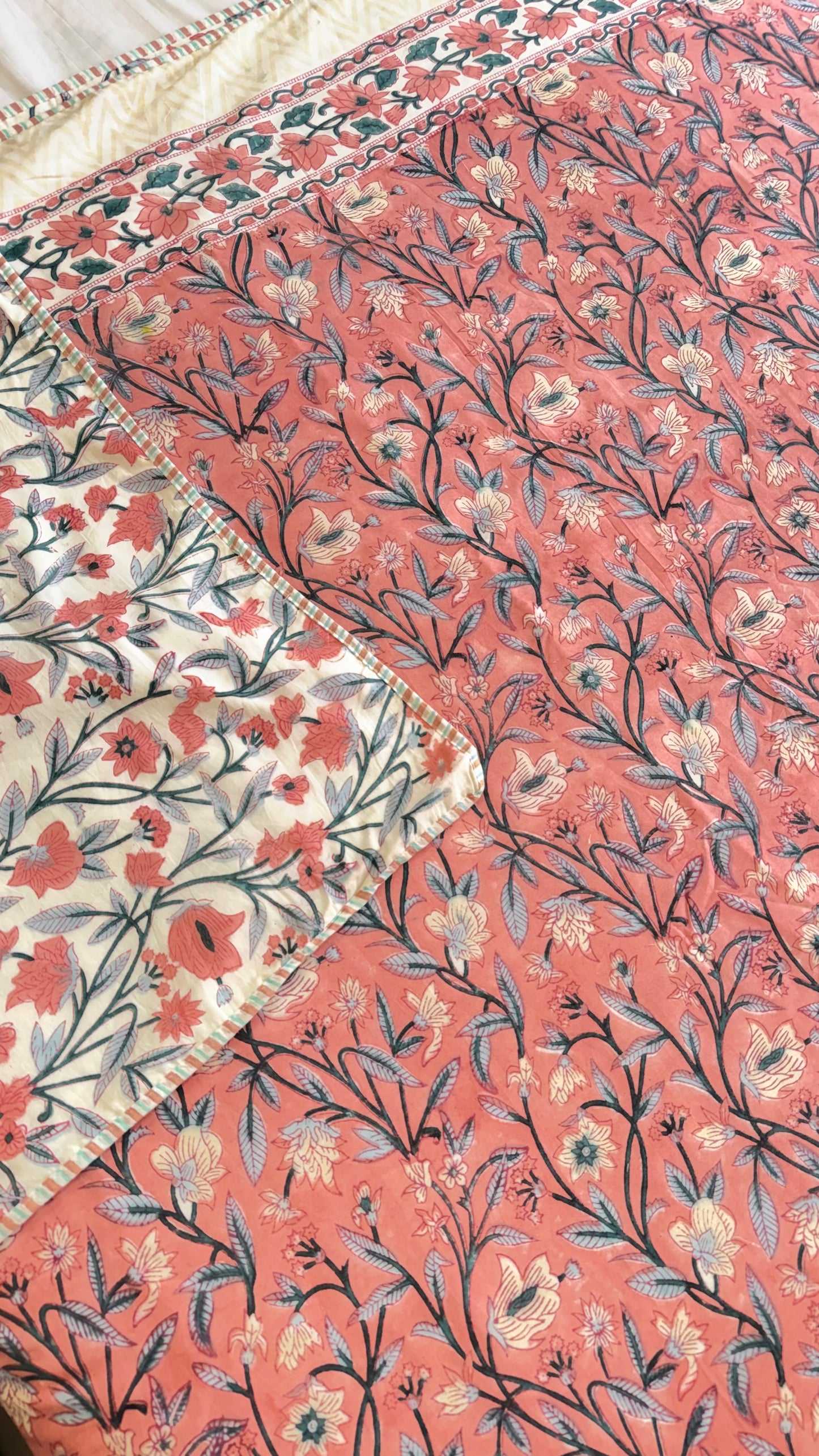 Coral Blossom Handblock Print Mul Mul Cotton Dohar