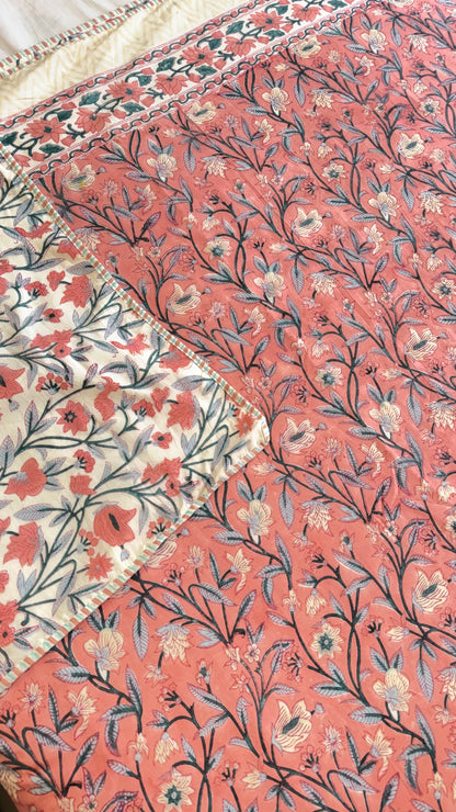 Coral Blossom Handblock Print Mul Mul Cotton Dohar