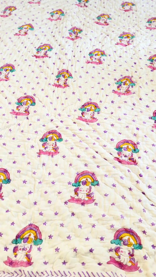 Unicorn stars- Handblock Print Mul Mul cotton Quilt