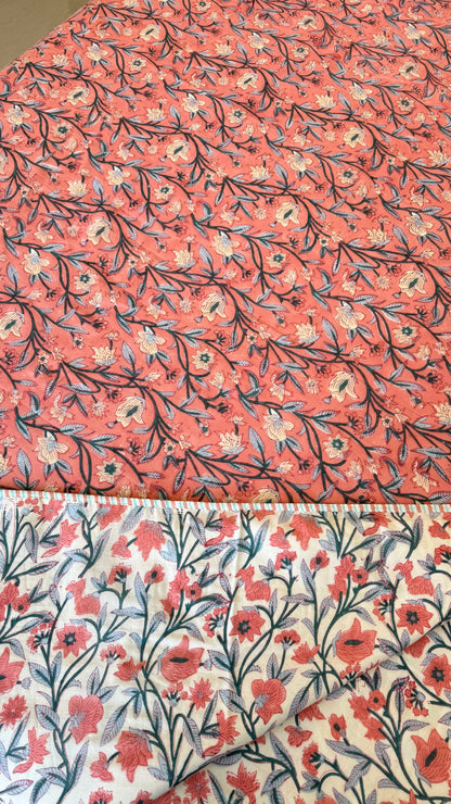 Coral Blossom Handblock Print Mul Mul Cotton Dohar