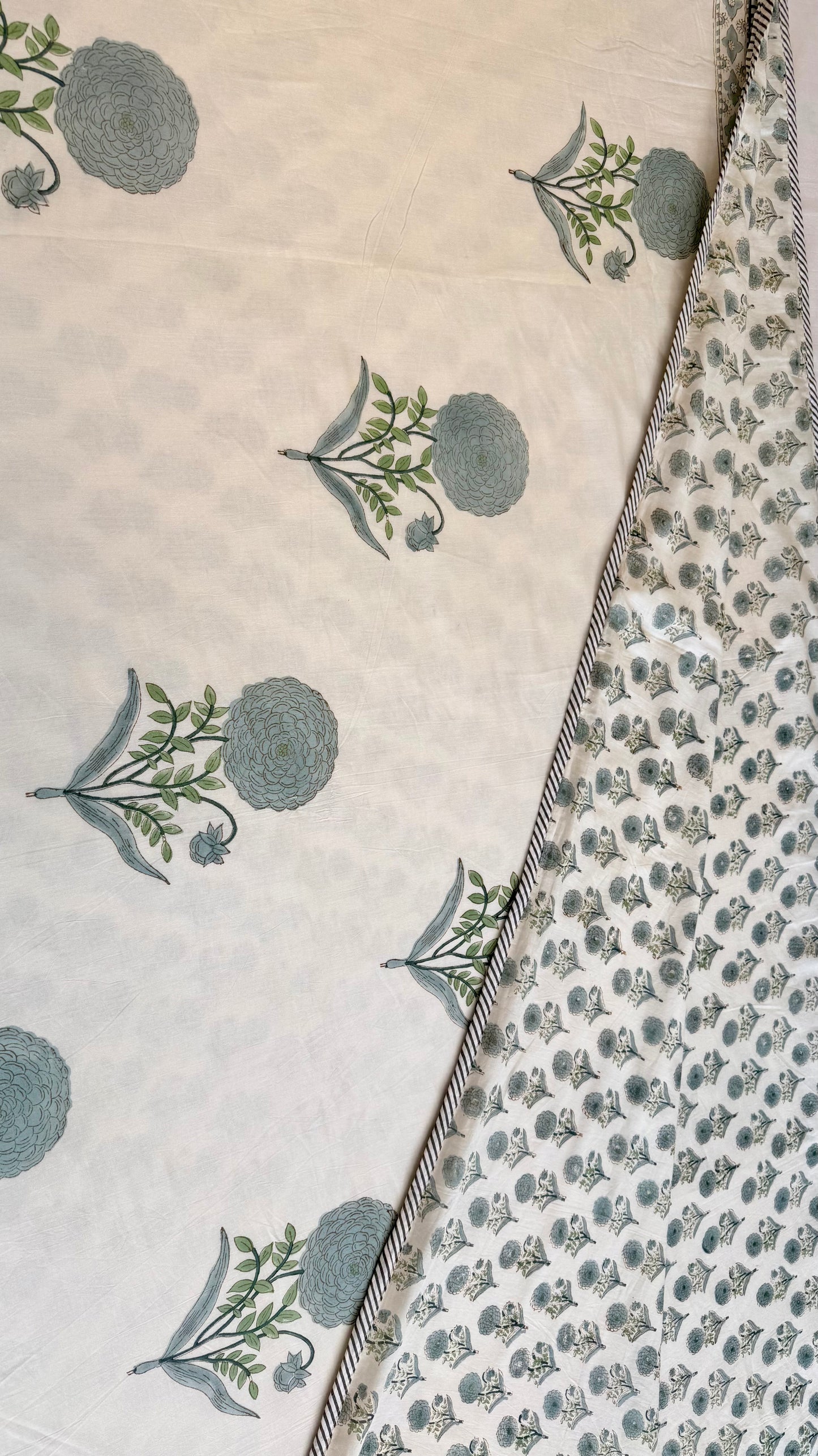 Mint Chrysanthemum Mul Mul Cotton Handblock Printed Dohar