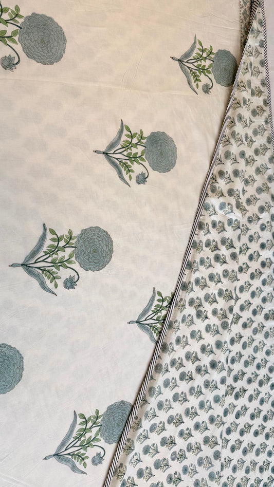 Mint Chrysanthemum Mul Mul Cotton Handblock Printed Dohar