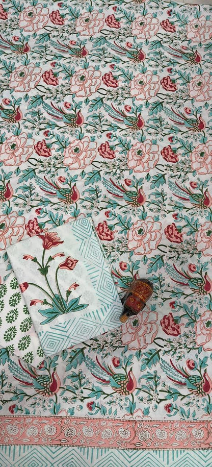 Vintage Bird Garden Handblock Printed Cotton Bedsheet