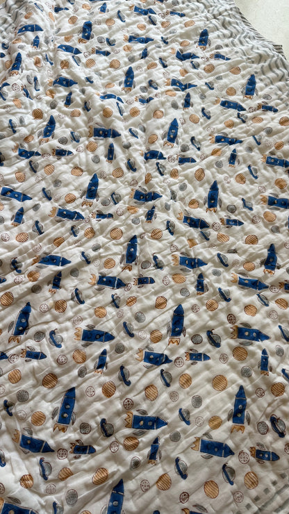 Space Explorer Handblock Print Mul Mul Cotton Quilt
