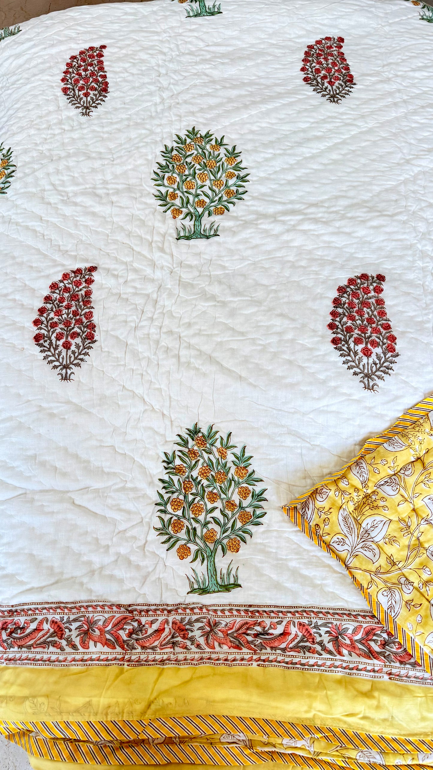 Yellow Tree Mul Mul Cotton Handblock Printed Quilt