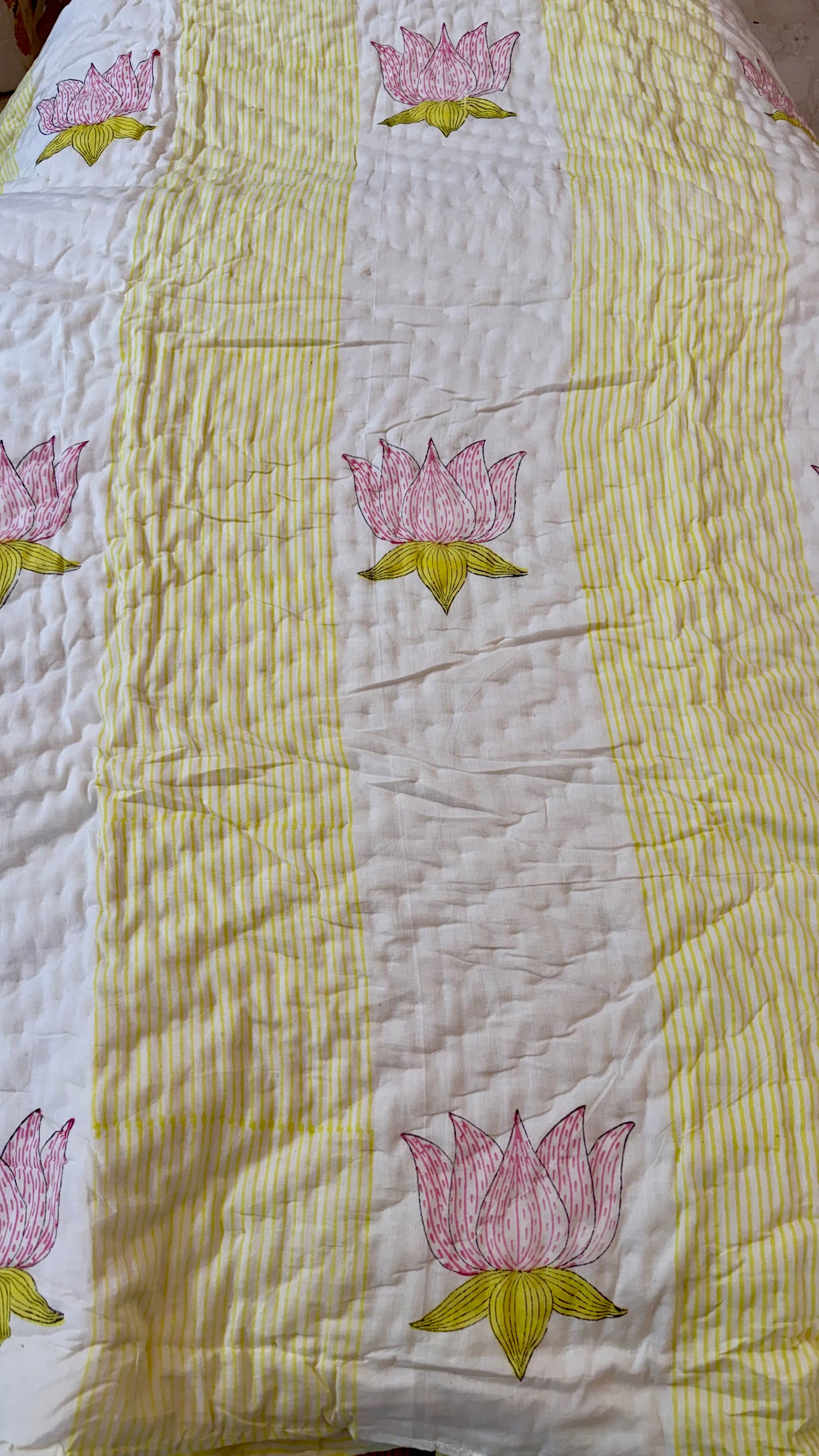 Pink Lotus Serenade Mul Mul Cotton Handblock Printed Quilt
