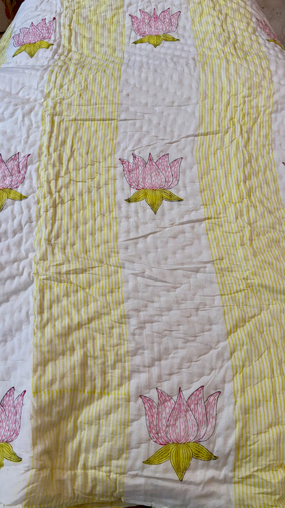 Pink Lotus Serenade Mul Mul Cotton Handblock Printed Quilt