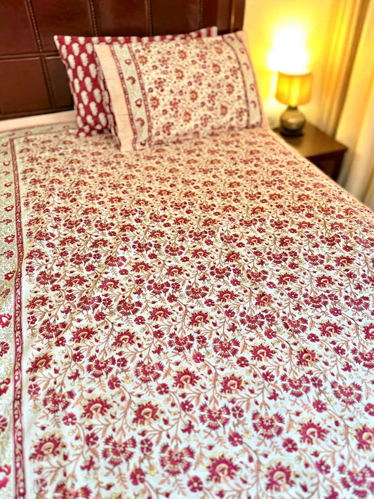 Surkh Phool Jaal Handblock Printed Cotton Bedsheet