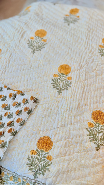 Sunlit Marigold Mul Mul Cotton Handblock Printed Quilt