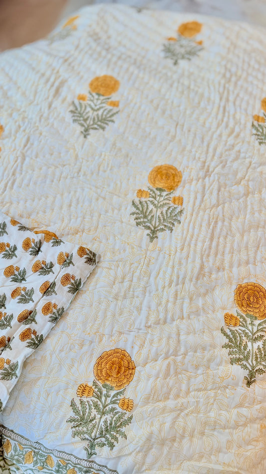 Sunlit Marigold Mul Mul Cotton Handblock Printed Quilt