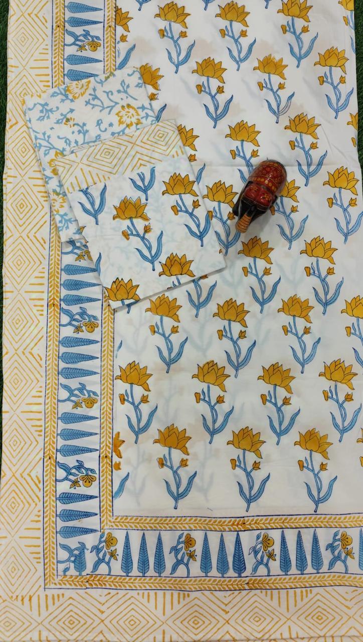 Sunlit Lotus Garden Handblock Printed Cotton Bedsheet