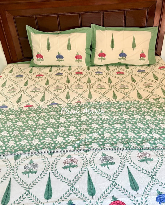 Green trellis garden Mul Mul Cotton Handblock Printed Dohar