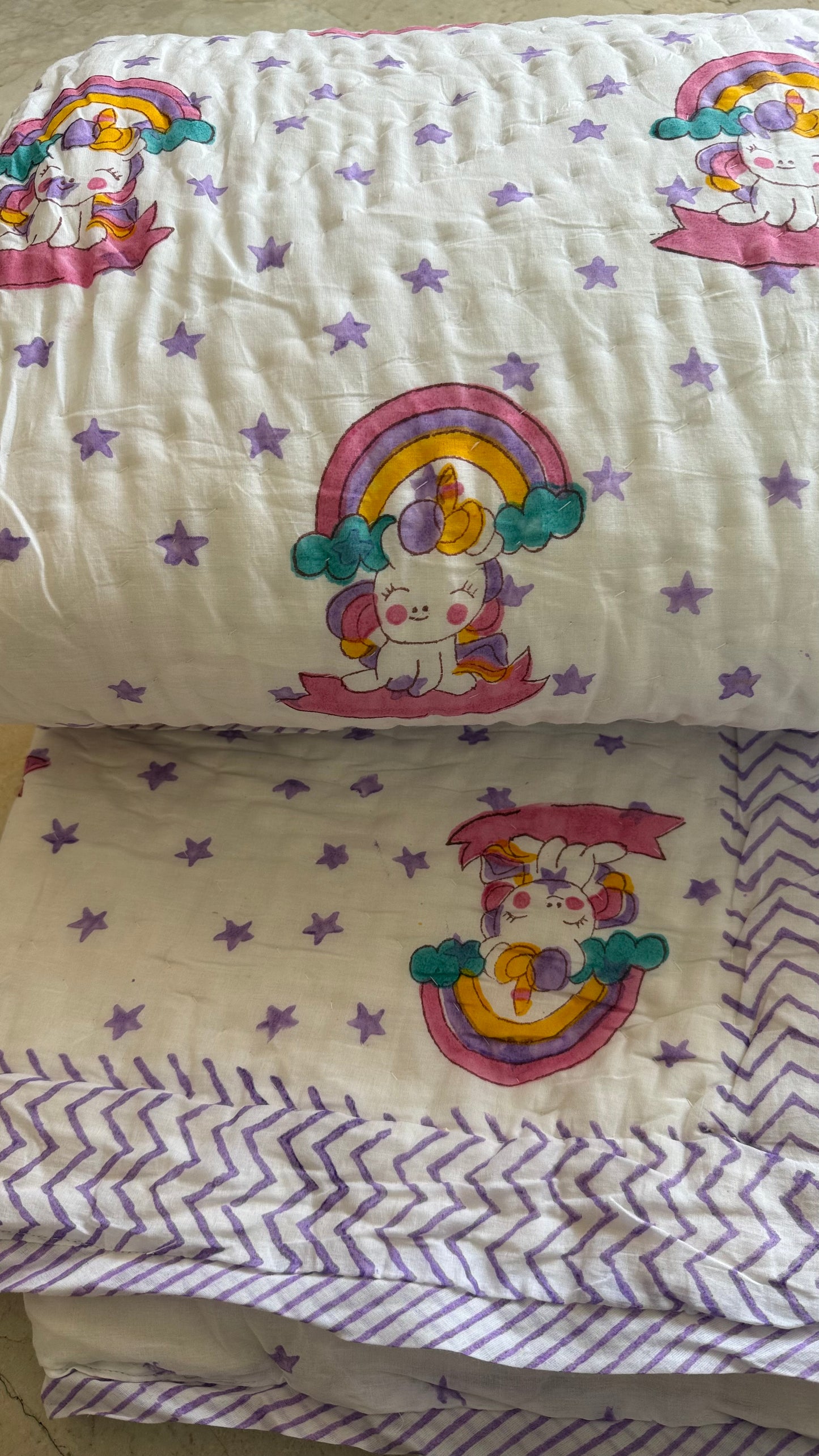 Unicorn stars- Handblock Print Mul Mul cotton Quilt